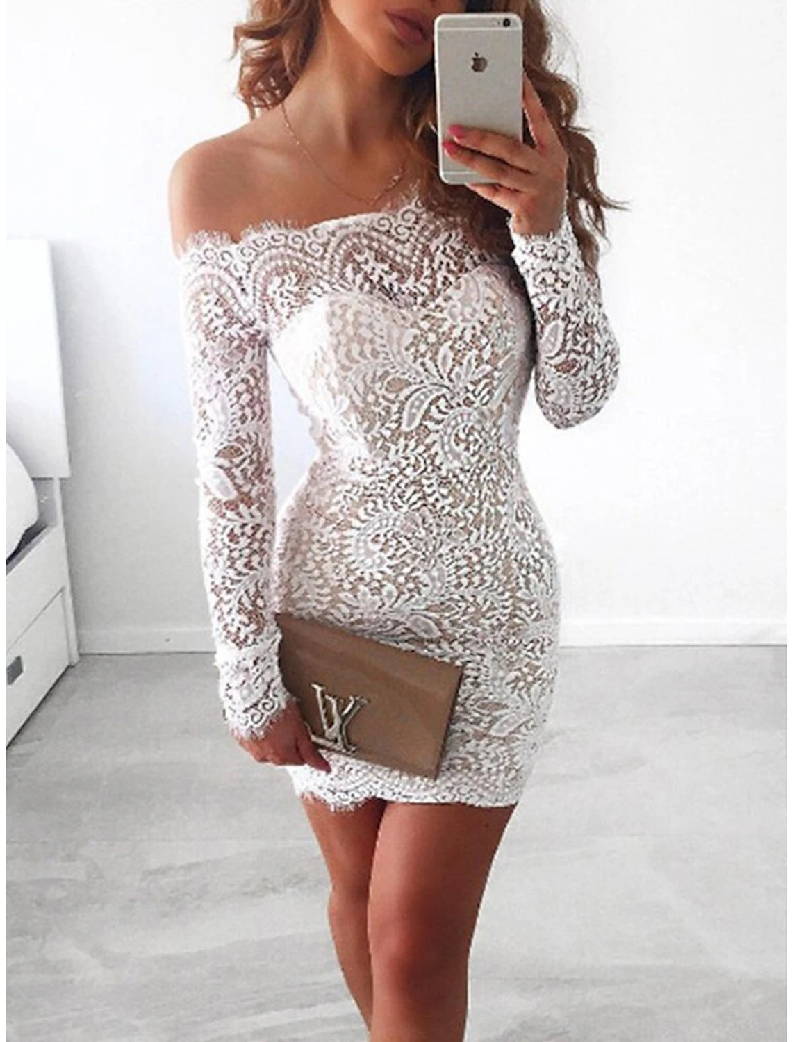 Wholesale Sheath / Column Homecoming Dresses Little White Dresses Dress Holiday Graduation Short / Mini Long Sleeve Off Shoulder Lace with Appliques